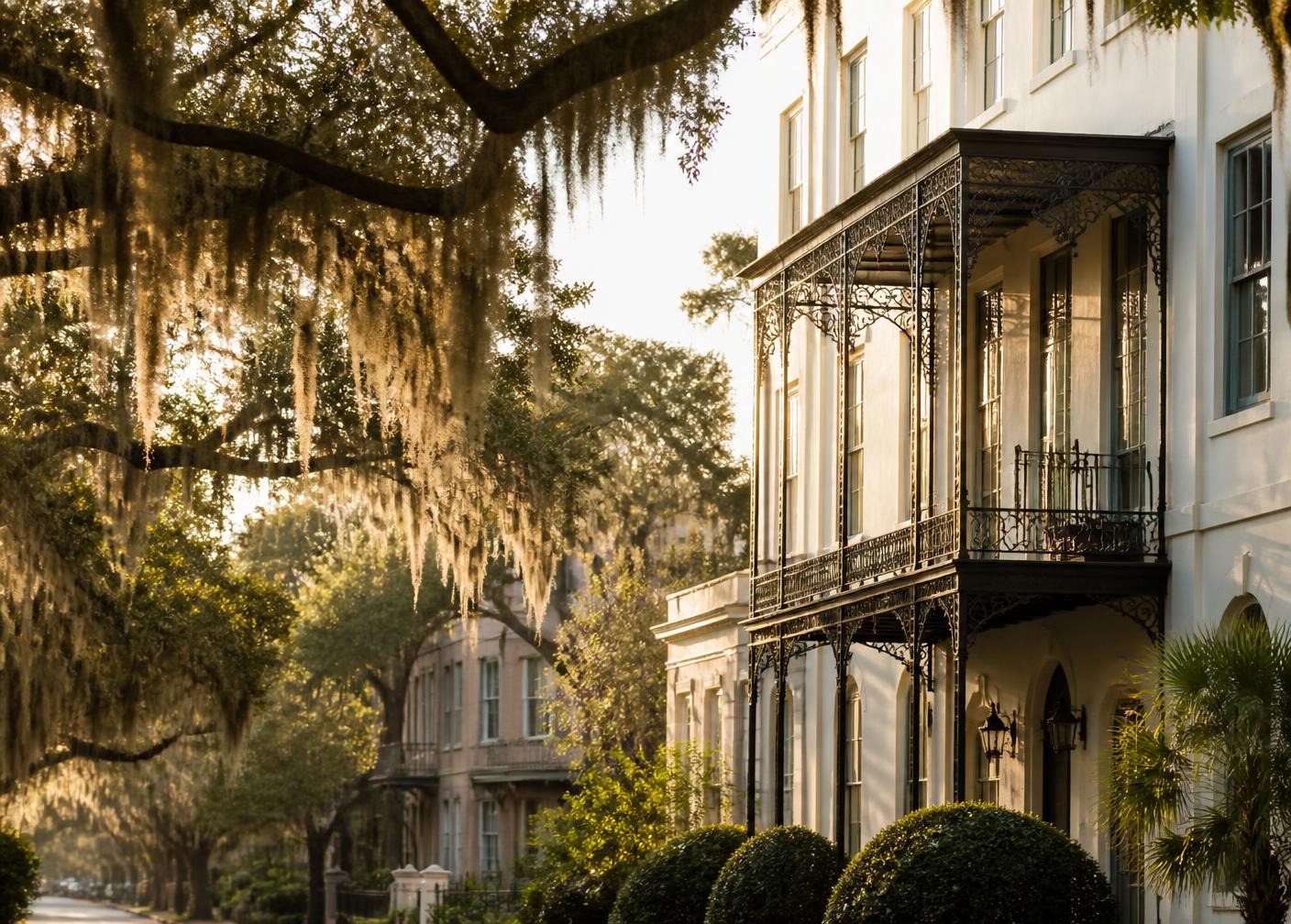 Historic Savannah street shaded by live oaks and Spanish moss