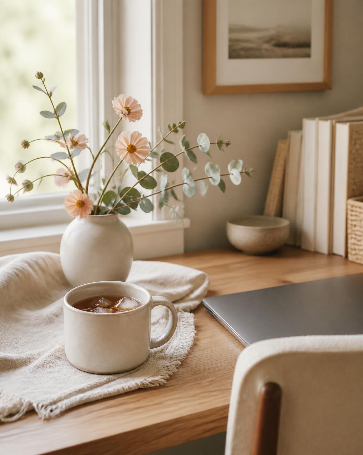 A bright, calm workspace with fresh blossoms and iced tea